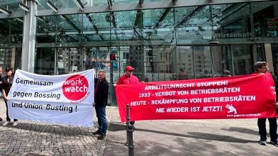 Protest vor dem Haus der Deutschen Wirtschaft in Berlin, 4. Mai 2024 | © work-watch
